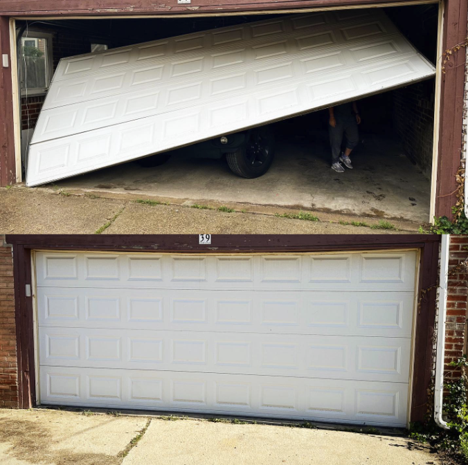 Two views of a partially open garage door.